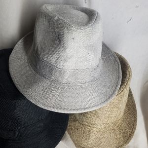 Set Lot of 2 Flax & 1 Polyester Fedora Michael Jackson Hats Black, Grey & Brown.
